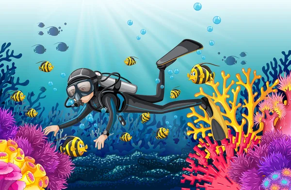 水肺潜水员在一个美丽的珊瑚场景插图 — 图库矢量图片