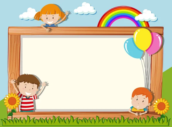 Een Houten Plank Met Speelse Kinderen Illustratie — Stockvector