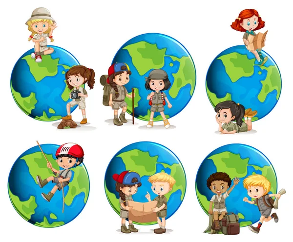 Illustration Ensemble Enfants Globes — Image vectorielle