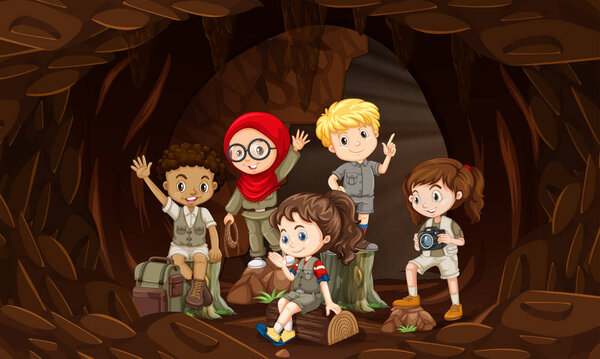 A group of interational kids in cave illustration
