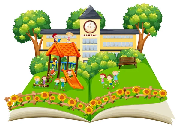 Kitap Illustration Kadar Pop Okul Bahçesinde Oynayan Çocukların Sahne — Stok Vektör