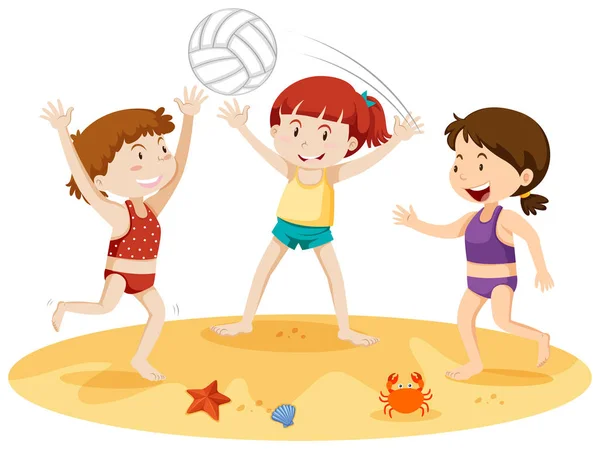 Drei Mädchen Spielen Mit Einem Ball Strand Illustration — Stockvektor