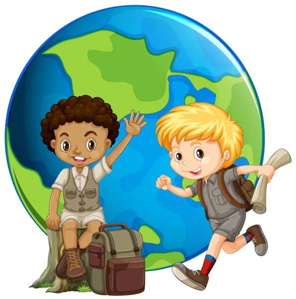 Δύο Αγόρια Μπροστά Από Την Απεικόνιση Της Γης — Διανυσματικό Αρχείο