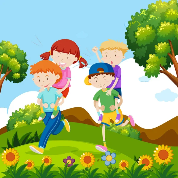 Children Playing Piggyback Nature Illustration — Stock Vector