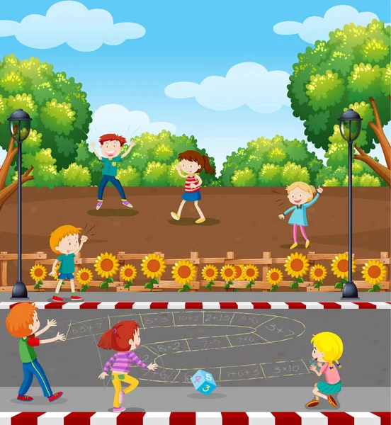 Niños Jugando Juego Matemáticas Patio Ilustración — Vector de stock