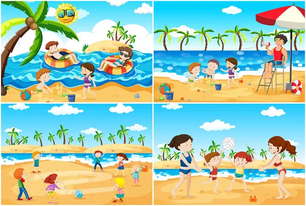 Set Children Playing Beach Illustration — Stock Vector