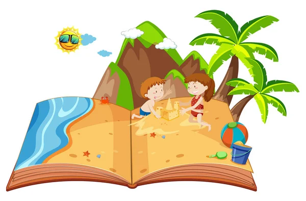 Bambini Che Giocano Isola Pop Illustrazione Libro — Vettoriale Stock