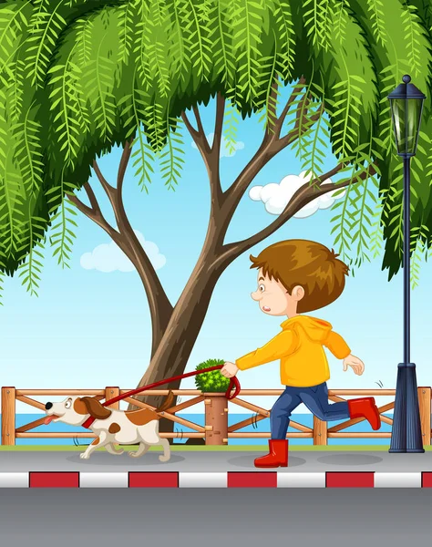 Joven Niño Paseando Perro Ilustración — Vector de stock