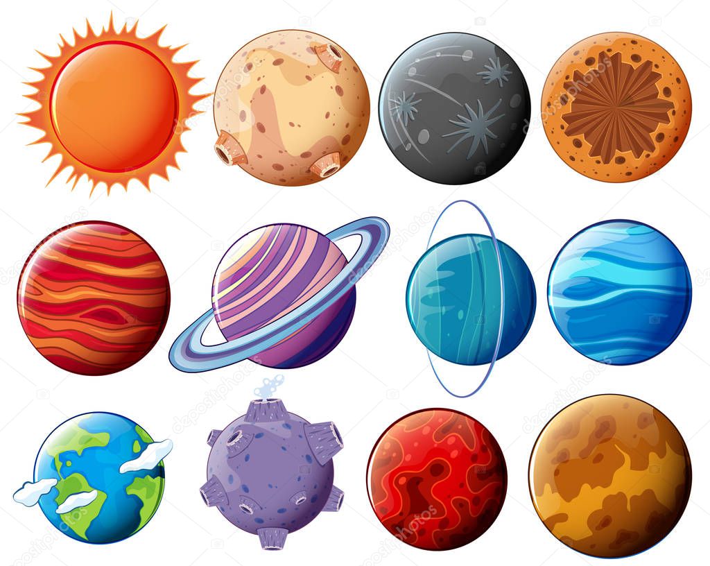 Set of planets and moons illustration