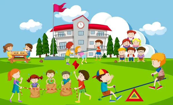 Bambini Che Giocano Parco Giochi Della Scuola Illustrazione — Vettoriale Stock