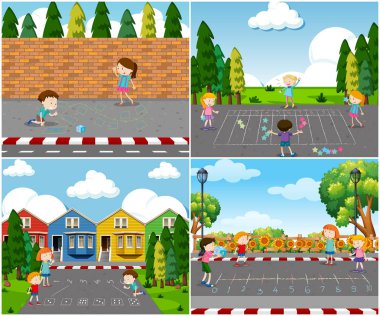 Çocuklar açık havada illüstrasyon oyun sahne