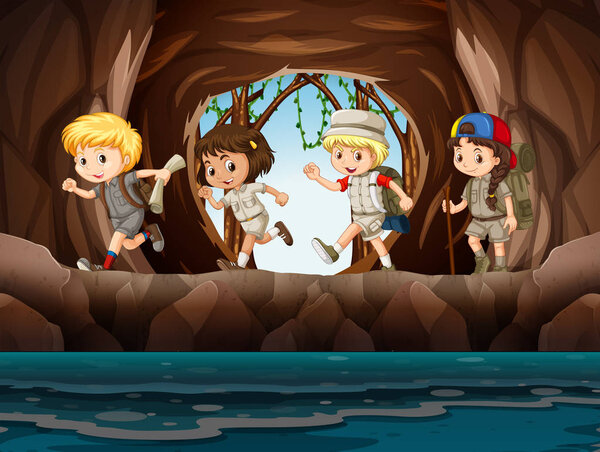 Young child scouts exploring a cave illustration