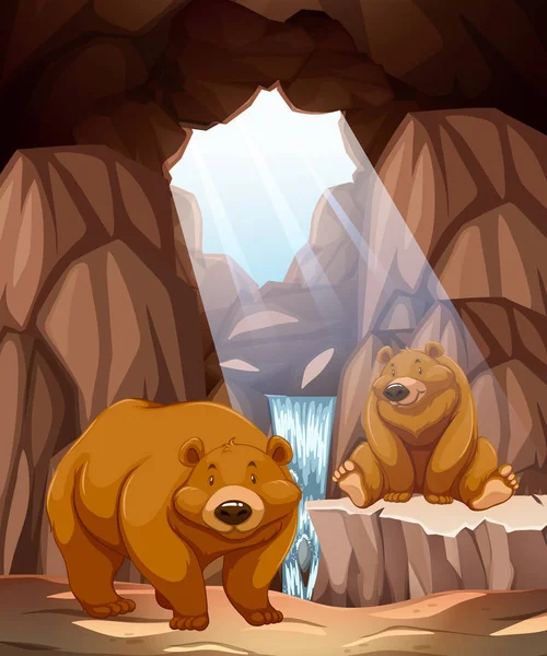 Dua Beruang Bahagia Dalam Ilustrasi Gua - Stok Vektor