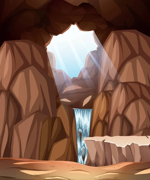 Cave scene with skylight and waterfall illustration