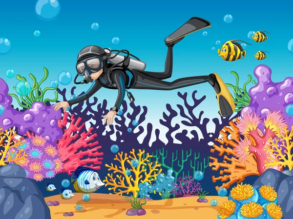 潜水员潜水在美丽的礁石插图 — 图库矢量图片