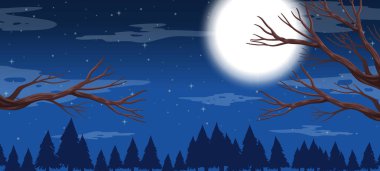 Gece ve ay orman sahne illüstrasyon