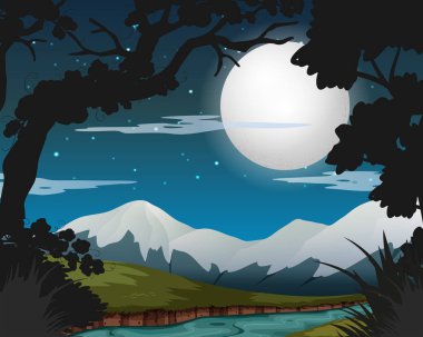 Orman illüstrasyon gecede dolunay