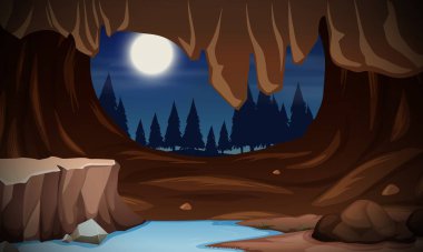 Ay ışığı mağara manzara illüstrasyon