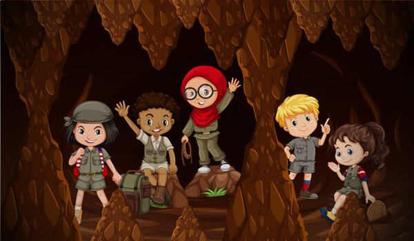 International kids exploring the cave illustration