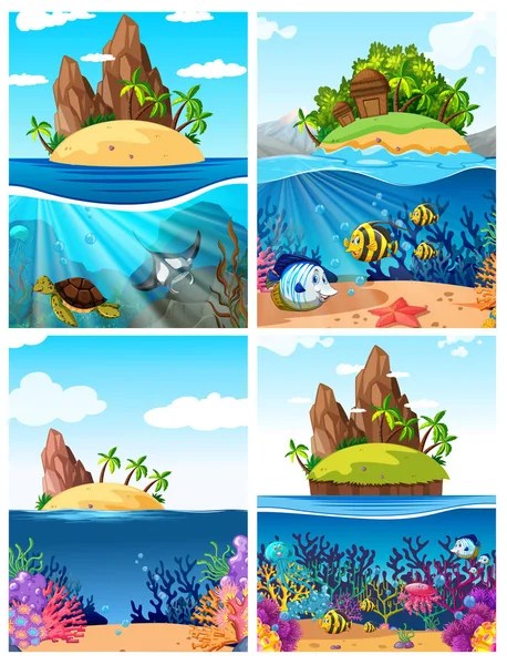 Conjunto Ilustración Escena Isla Submarina — Vector de stock