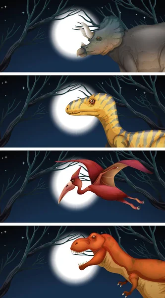 Satu Set Dinosaurus Dan Ilustrasi Cahaya Bulan - Stok Vektor