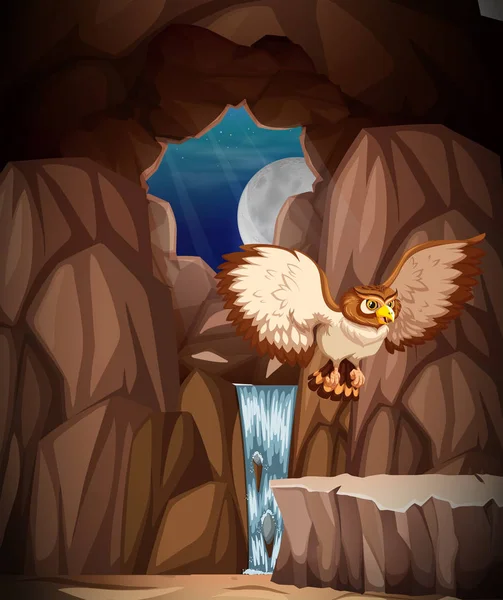 Owl Jakt Natten Grottan Illustration — Stock vektor