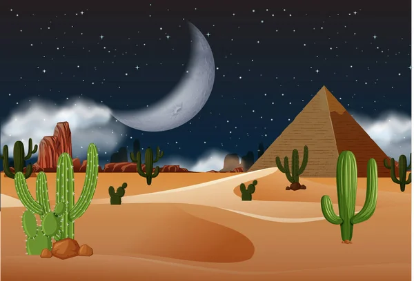 Deserto Com Pirâmides Noite Ilustração —  Vetores de Stock