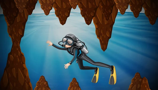 Прыжки Акваланга Подводную Пещеру — стоковый вектор