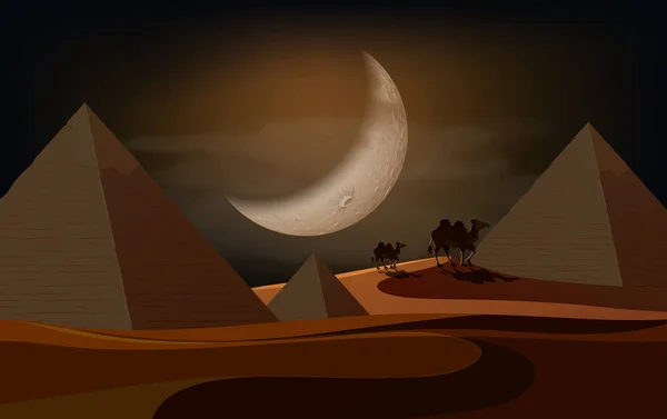 Piramide Deserto Scena Notte Illustrazione — Vettoriale Stock