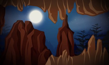 Gece sahne illüstrasyon mağara