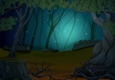Gece illüstrasyon, ormandaki ateş böcekleri ile sahne