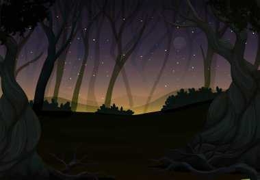 Gece illüstrasyon, ormandaki ateş böcekleri ile sahne
