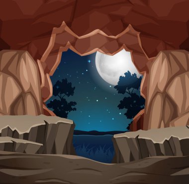 Gece sahne illüstrasyon mağara girişi