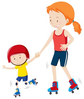 Anne ve genç çocuk rollaskating illüstrasyon