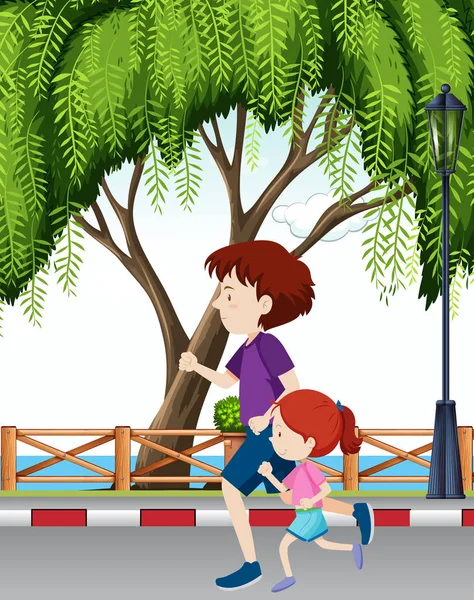 Papá Hija Corriendo Por Parque Ilustración — Vector de stock