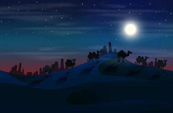 Kamel Der Wüste Bei Nacht Illustration — Stockvektor