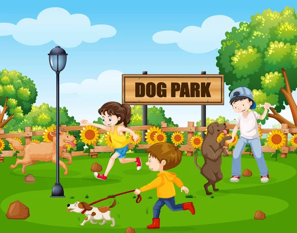 Dog Park Med Människor Och Deras Husdjur Illustration — Stock vektor