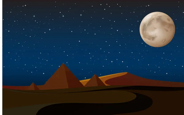 Gece Illüstrasyon Piramitleri Ile Çöl Sahne — Stok Vektör