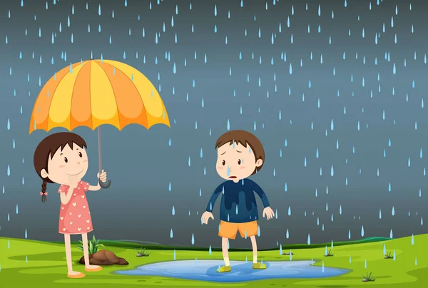 Two children in the rain illustration