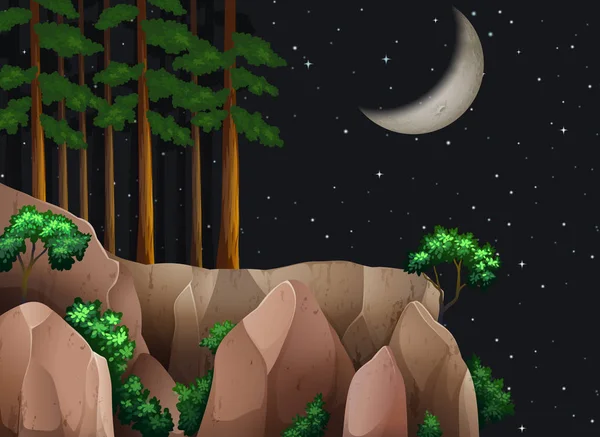 Rocky Forest Night Landscape Illustration — Stock Vector