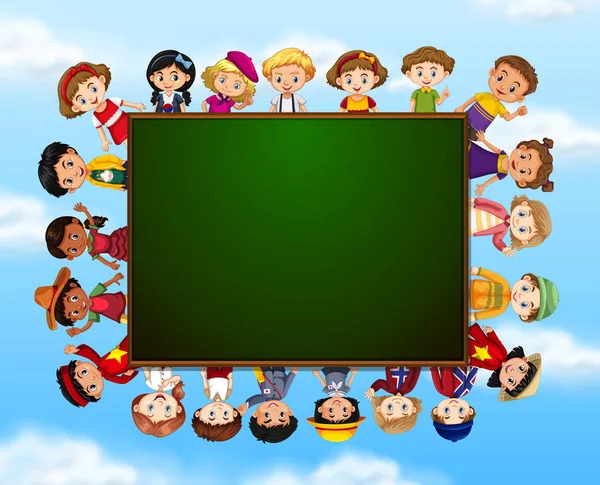 Group of children around chalk board illustration