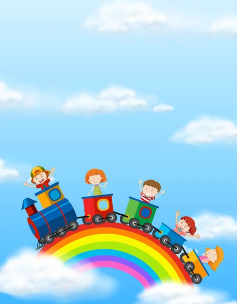 Děti Vlakem Rainbow Ilustrace — Stockový vektor