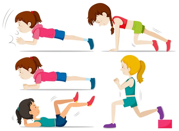 Σύνολο Των Κορίτσια Κάνουν Γυμναστήριο Άσκηση Εικονογράφηση — Διανυσματικό Αρχείο