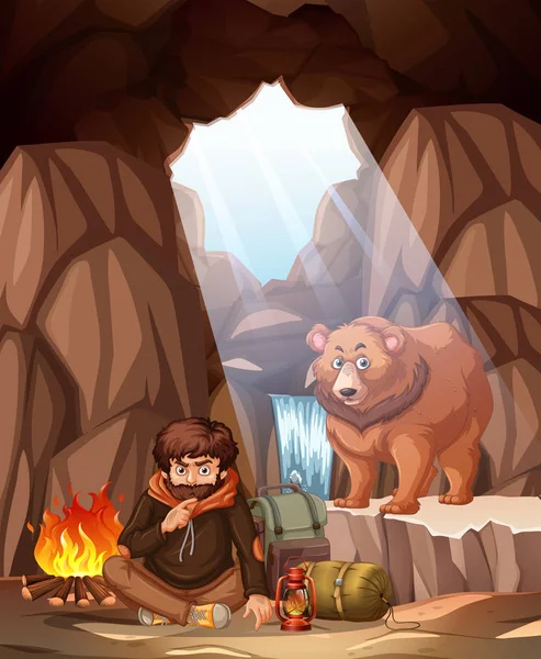 A man camping in the bear cave illustration