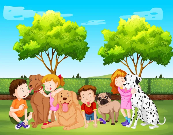Kinder Und Hund Park Illustration — Stockvektor