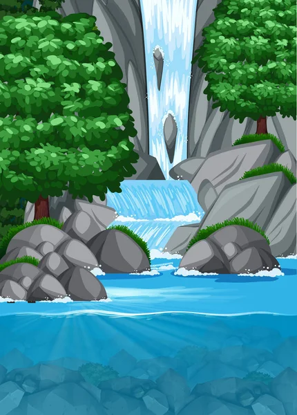 Waterfall into pond scene illustration