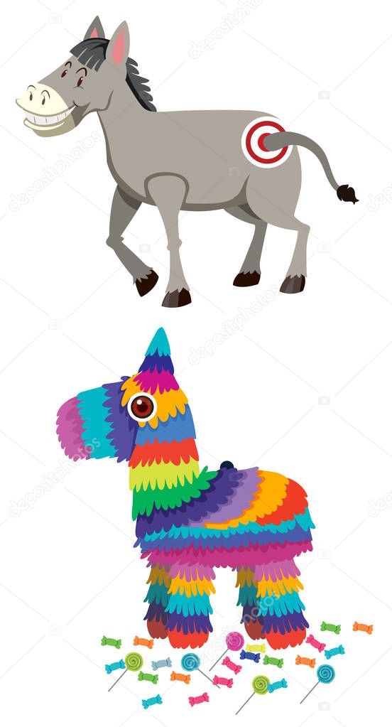 Donkey and pinata set illustration