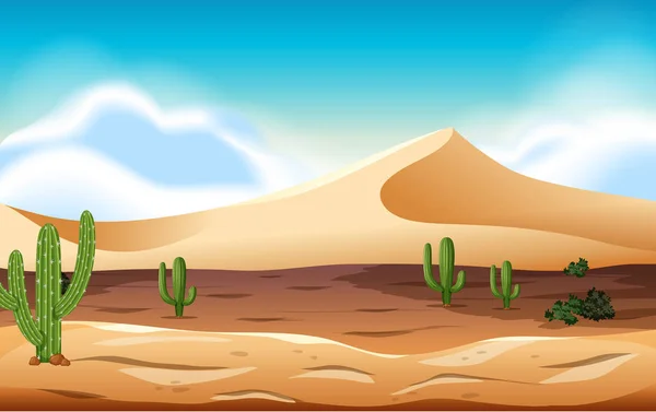 Deserto Con Dune Illustrazione Cactus — Vettoriale Stock