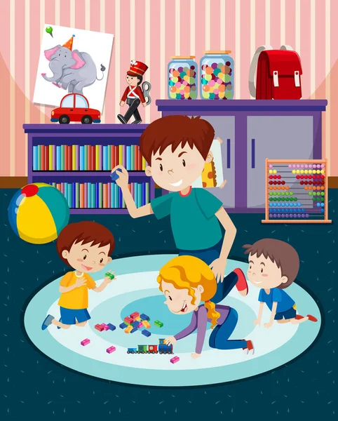 Father and children playing with toys illustration