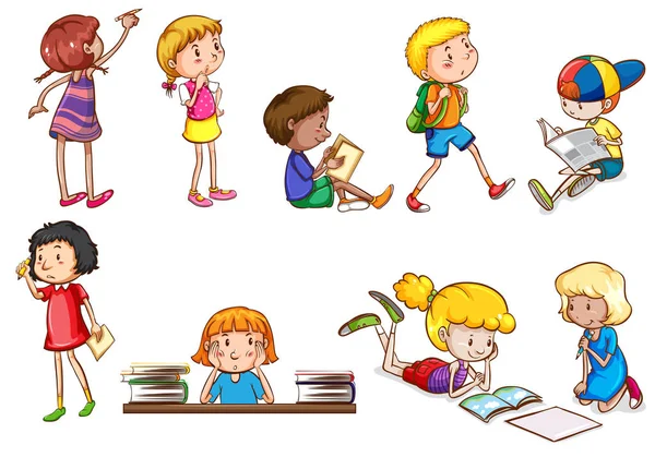 Набір Дітей Які Займаються Шкільними Справами Ілюстрація — стоковий вектор